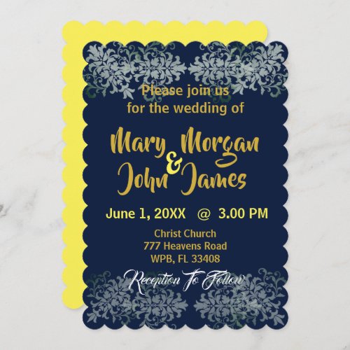 Navy Blue Gold Silver Yellow Wedding Invitation