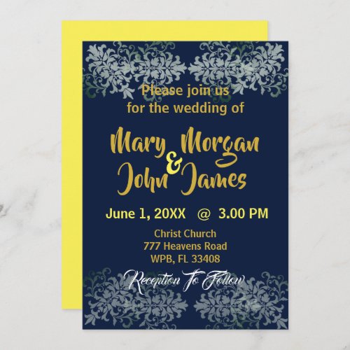 Navy Blue Gold Silver Yellow Wedding Invitation