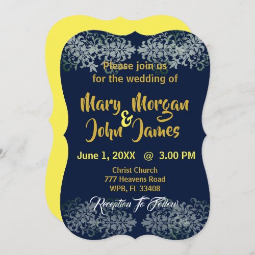 Navy Blue Gold Silver Yellow Wedding Invitation