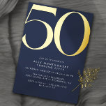 Navy Blue & Gold | Simple Modern 50th Birthday Foil Invitation<br><div class="desc">Modern 50th birthday invitations with a large heading "50" in real metallic foil. Your event details are printed below in matte white font. Gold accents on a navy blue background.</div>