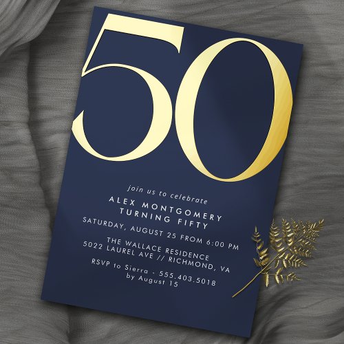 Navy Blue  Gold  Simple Modern 50th Birthday Foil Invitation
