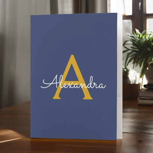 Navy Blue Gold Simple Modern Script Monogram Girly Pocket Folder