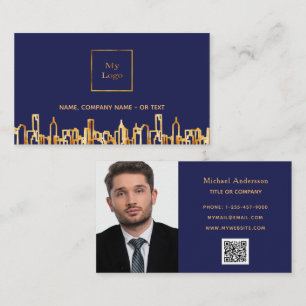 Navy blue gold skyline real estate QR code photo Business Card