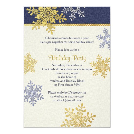 Navy Blue Gold Snowflake Winter Christmas Holiday Invitation