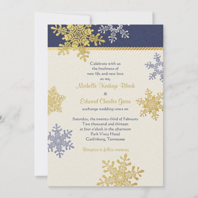 Navy Blue Gold Snowflake Winter Wedding Invitation (Front)