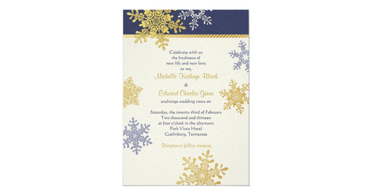 Navy Blue Gold Snowflake Winter Wedding Invitation Zazzle Com