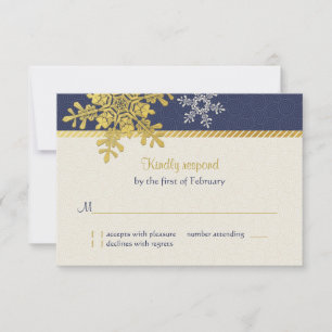 Navy Blue Gold Snowflake Winter Wedding Reply Card