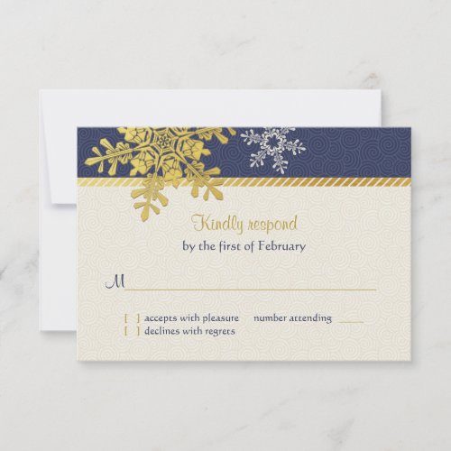 Navy Blue Gold Snowflake Winter Wedding Reply Card