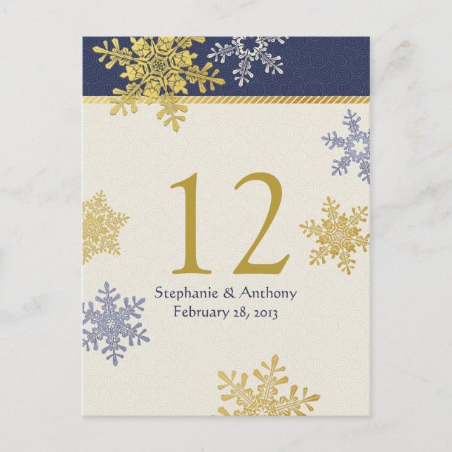 Navy Blue Gold Snowflake Winter Wedding Table Card (Front)