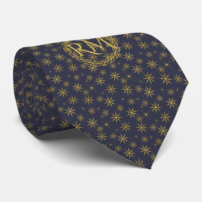 Navy Blue Gold Snowflakes Pattern Monogrammed Neck Tie (Rolled)
