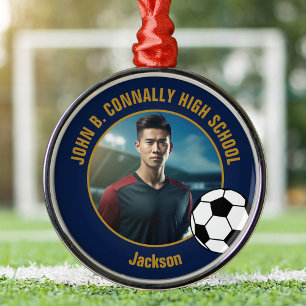 Navy Blue Gold Soccer Player Photo Christmas Metal Ornament