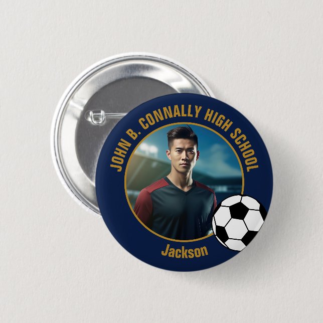 Navy Blue Gold Soccer Player Photo High School Button (Front & Back)