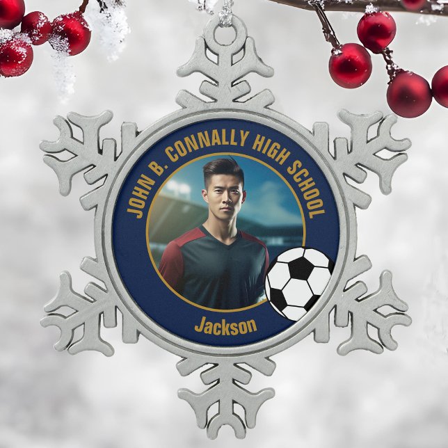 Navy Blue Gold Soccer Player Photo High School Snowflake Pewter Christmas Ornament (Creator Uploaded)