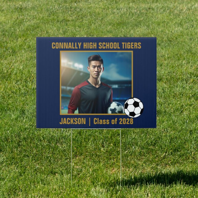Navy Blue Gold Soccer Player Photo League Yard Sign (Insitu)