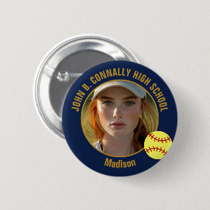 Navy Blue Gold Softball Player Photo High School Button