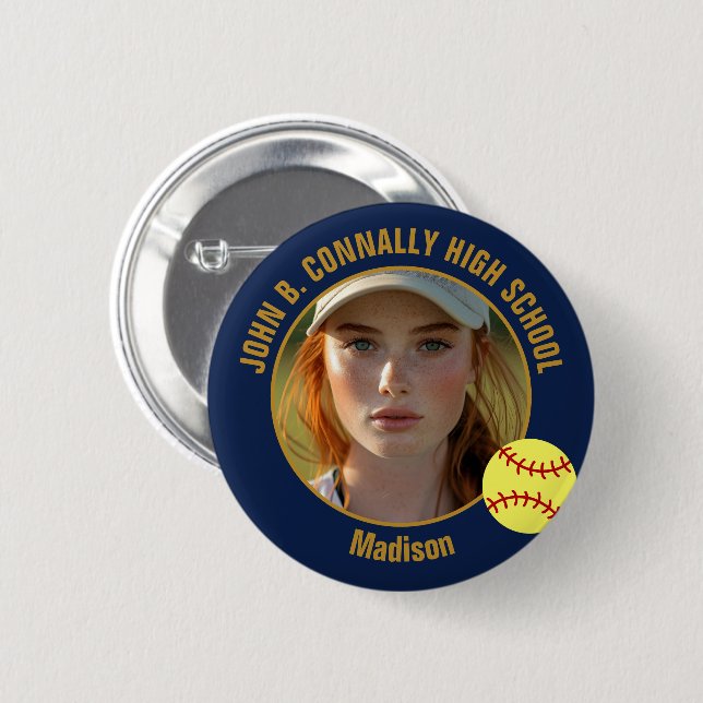 Navy Blue Gold Softball Player Photo High School Button (Front & Back)