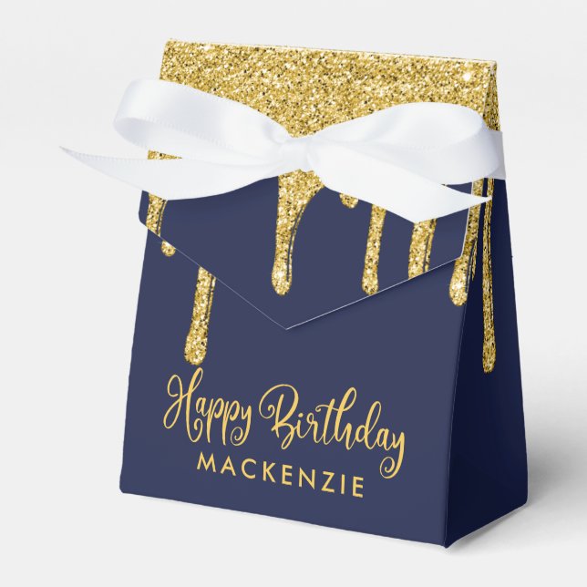 Navy Blue Gold Sparkle Glitter Drips Birthday Favor Boxes (Front Side)