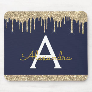 Navy Blue Gold Sparkle Glitter Monogram Mouse Pad