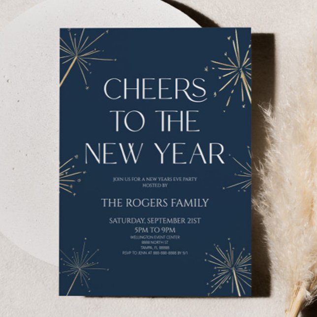 Navy Blue Gold Sparkler Cheers New Years Eve Party Invitation (Creator Uploaded)