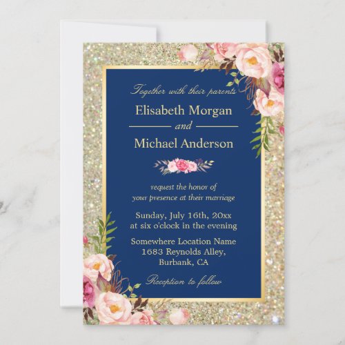 Navy Blue Gold Sparkles Pink Floral Wedding Invite