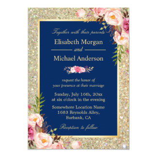 Navy Blue Gold Sparkles Pink Floral Wedding Invite