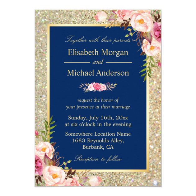 Navy Blue Gold Sparkles Pink Floral Wedding Invite (front side)
