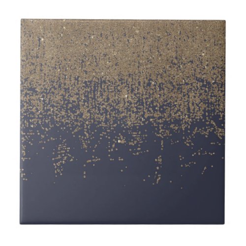 Navy Blue Gold Sparkly Glitter Ombre Ceramic Tile