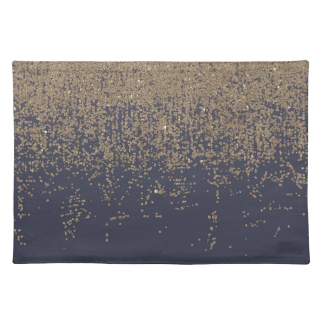 Navy Blue Gold Sparkly Glitter Ombre Cloth Placemat (Front)