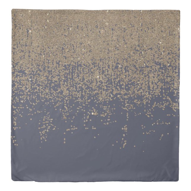 Navy Blue Gold Sparkly Glitter Ombre Duvet Cover (Front)