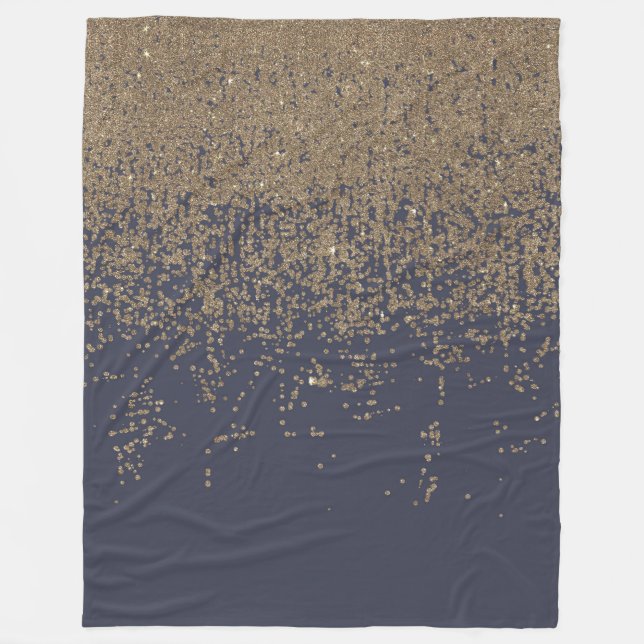 Navy Blue Gold Sparkly Glitter Ombre Fleece Blanket (Front)