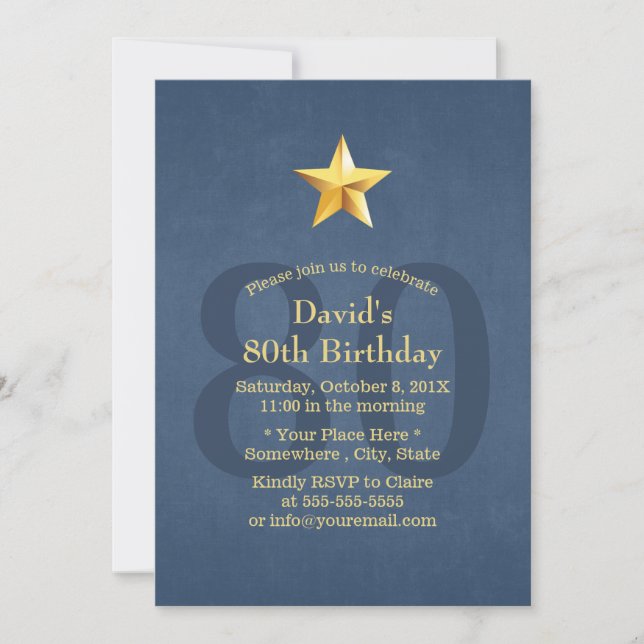 Navy Blue Gold Star 80th Birthday Party Invitation (Front)