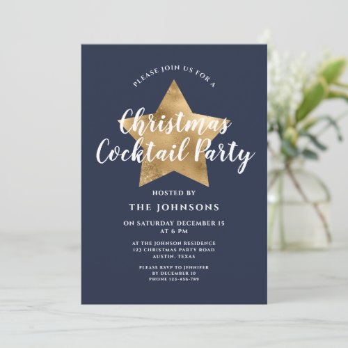 Navy Blue Gold Star Christmas Cocktail Party Invitation