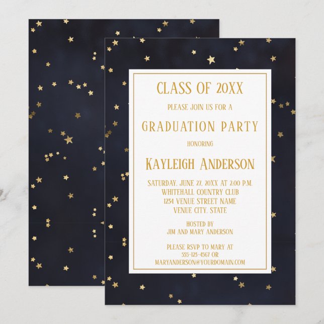Navy Blue Gold Star Confetti Graduation Party Invitation (Front/Back)
