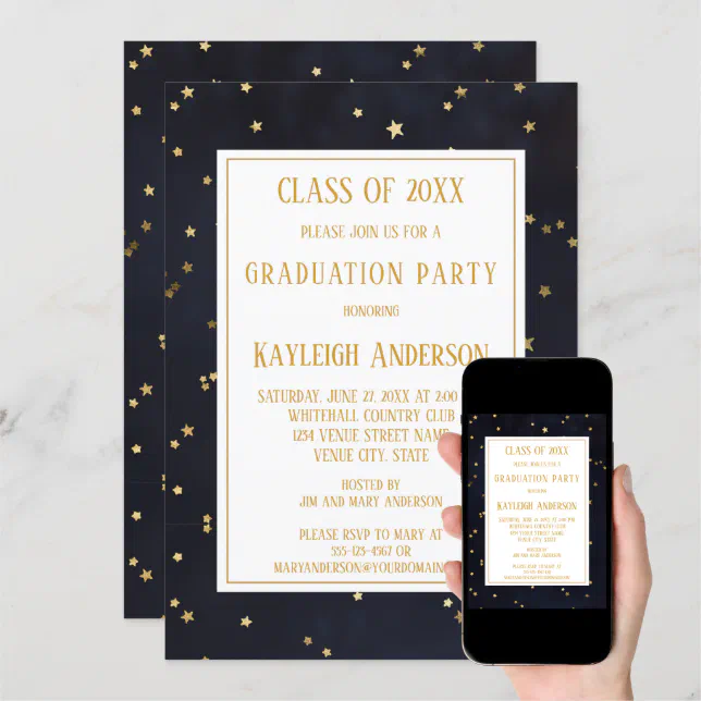 Navy Blue Gold Star Confetti Graduation Party Invitation Zazzle 