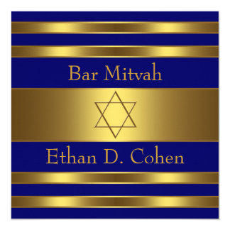 Navy Blue Gold Star of David Bar Mitzvah Card