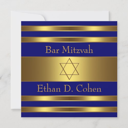 Navy Blue Gold Star of David Bar Mitzvah Invite