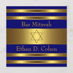 Navy Blue Gold Star of David Bar Mitzvah Invitation