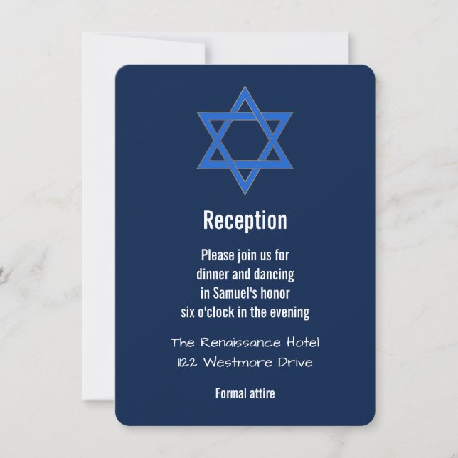 Navy Blue Gold Star of David Bar Mitzvah Reception Invitation (Front)
