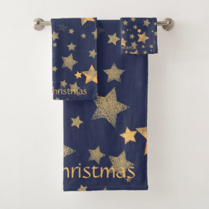 Navy Blue Gold Star Pattern Elegant Christmas Bath Towel Set