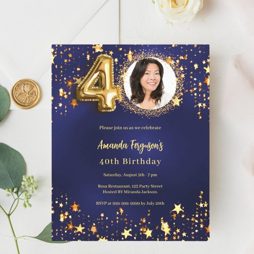 Navy blue gold star photo 40th birthday invitation
