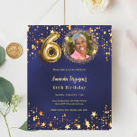 Navy blue gold star photo 60th birthday invitation<br><div class="desc">A modern,  stylish photo invitation for a 60th birthday party.  A navy blue background,  decorated with golden stars. The blue color is uneven. Personalize and add your photo and party details.  

1 sheet = 1 invitation printed edge to edge.</div>