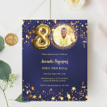 Navy blue gold star photo 80th birthday invitation<br><div class="desc">A modern,  stylish photo invitation for a 80th birthday party.  A navy blue background,  decorated with golden stars. The blue color is uneven. Personalize and add your photo and party details.  

1 sheet = 1 invitation printed edge to edge.</div>