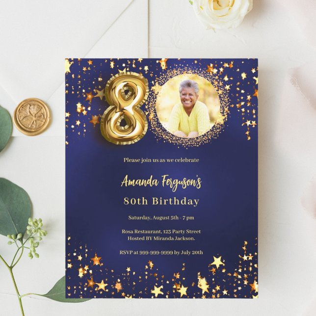 Navy blue gold star photo 80th birthday invitation (Creator Uploaded)
