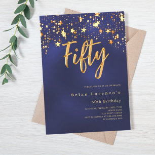 Navy blue gold stars 50th birthday luxury invitation