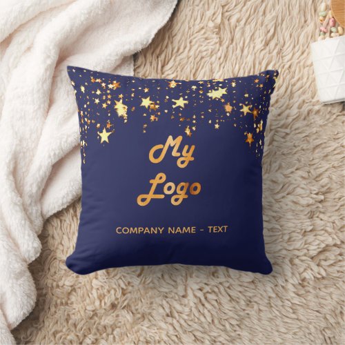 Navy blue gold stars business logo throw pillow