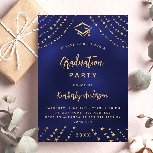 Navy blue gold stars graduation party modern year invitation postcard