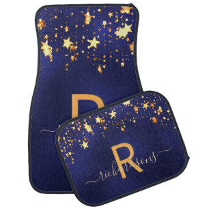 Navy blue gold stars monogram initials name car floor mat