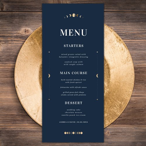 Navy Blue Gold Stars Moon Celestial Wedding Dinner Menu