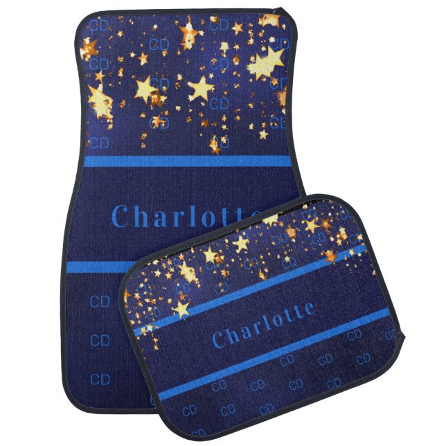 Navy blue gold stars name car floor mat (Set)