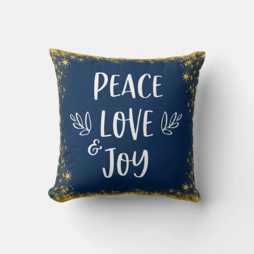 Navy Blue Gold Stars Peace Love Joy Type Quote Throw Pillow